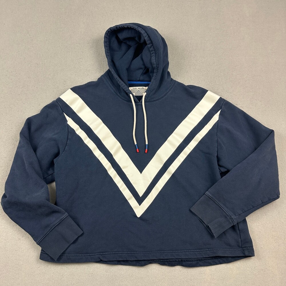 Tory Sport Hoodie Women Medium  Navy Blue Chevron Retro Cropped Terry Cloth M